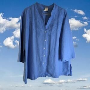 Covington 16/18W 3/4 sleeve button down linen blend w/embroidery accents top